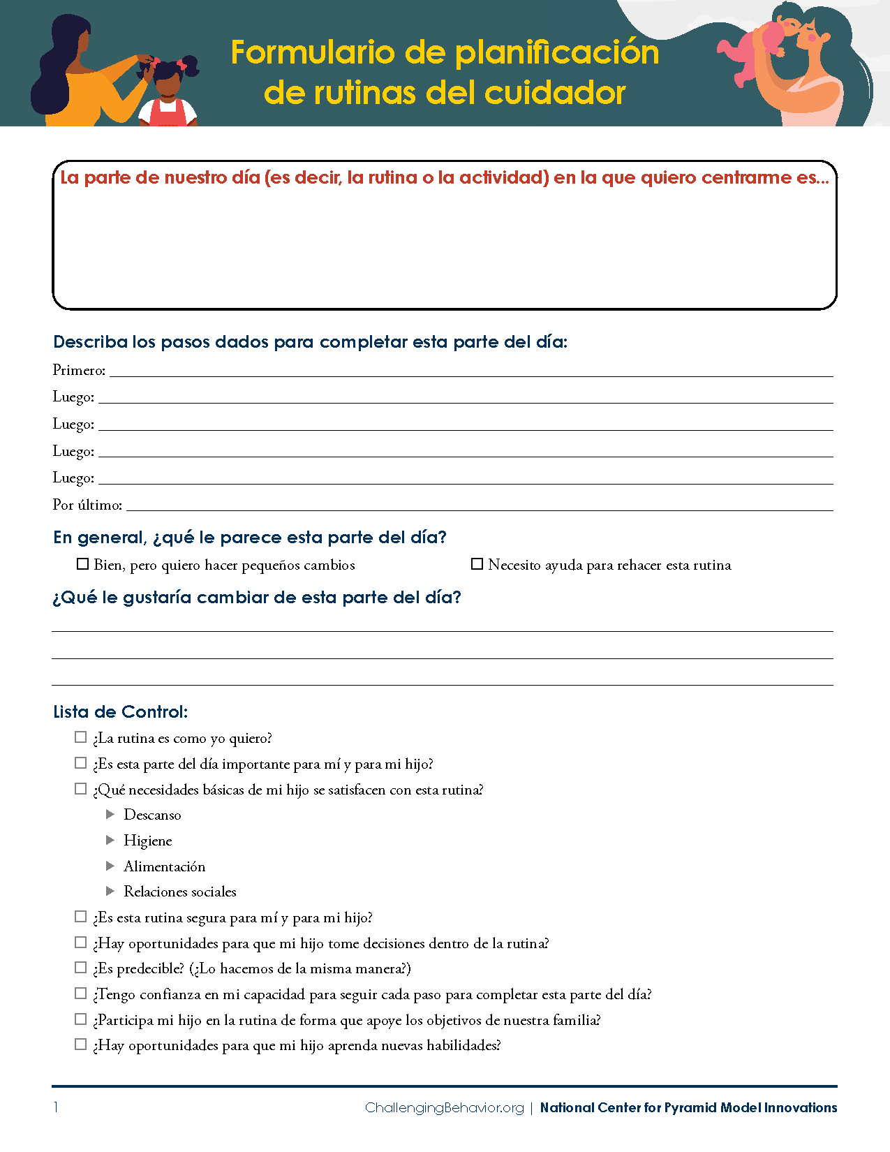 Caregiver Responsive Routines Planning Form (Spanish)