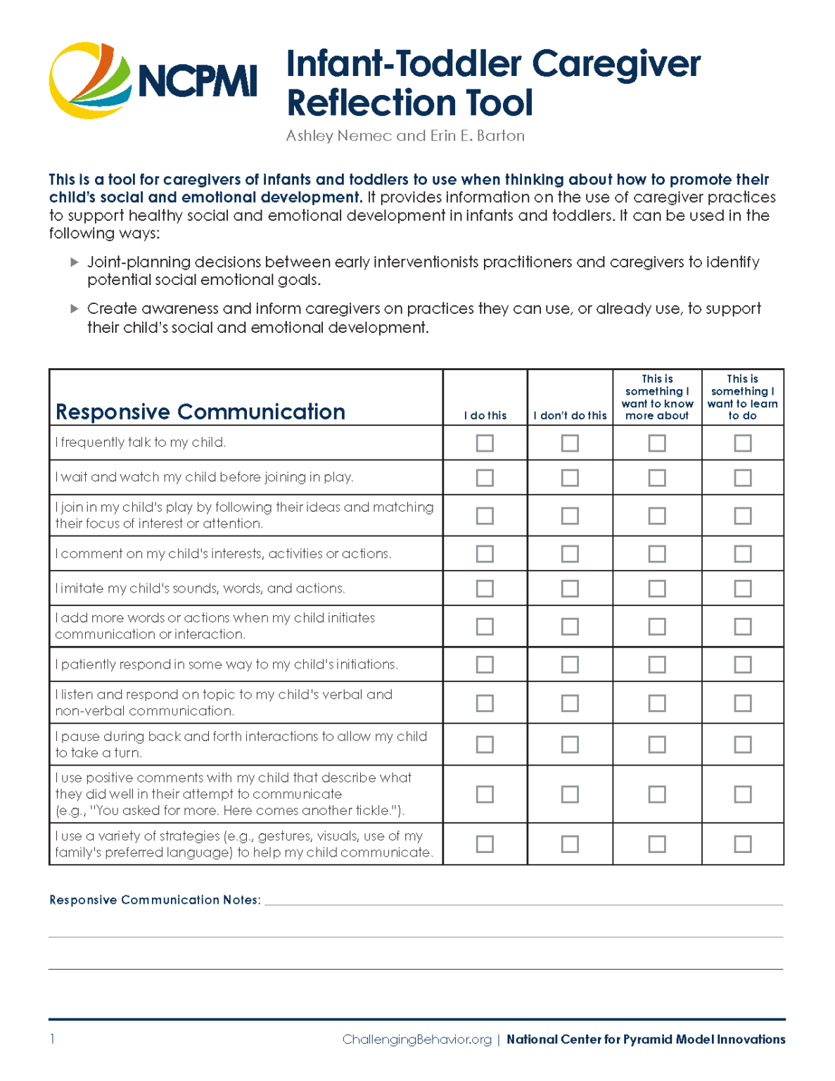 Infant-Toddler Caregiver Reflection Tool - National Center for Pyramid ...