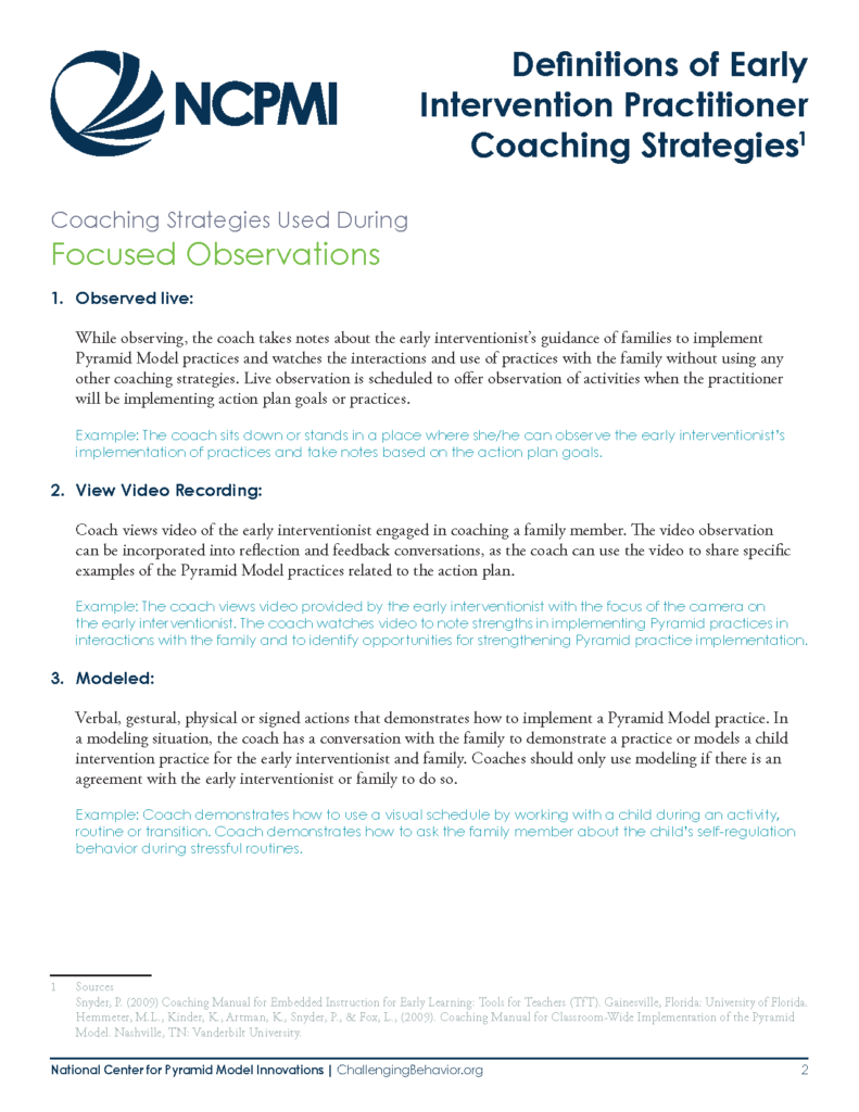 Definitions of Early Intervention Practitioner Coaching Strategies