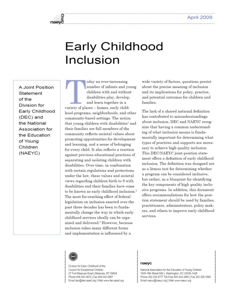 Early Childhood Inclusion Joint Position Statement (DEC/NAEYC)