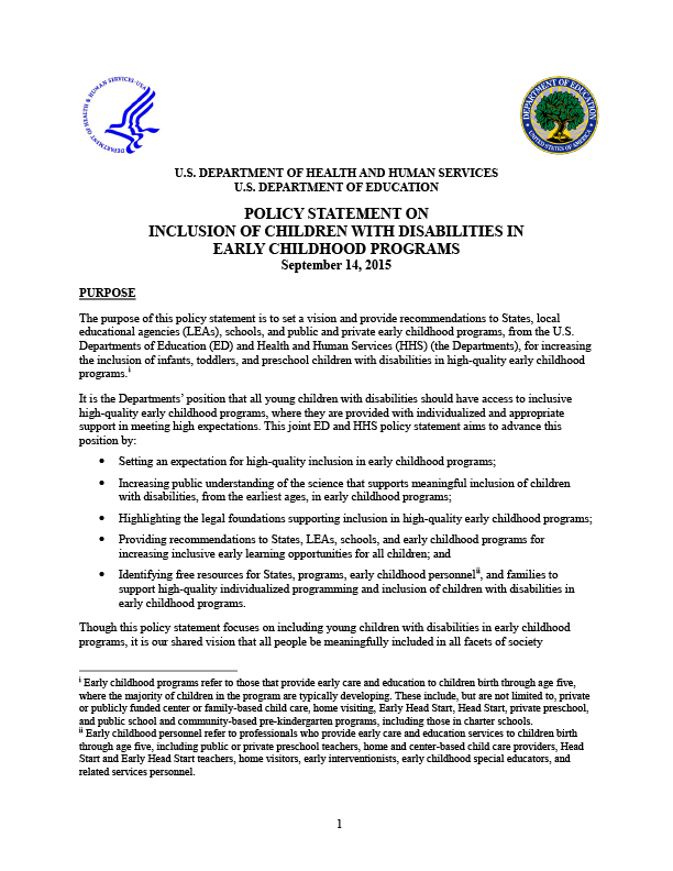 Policy Statement on Inclusion of Children with Disabilities in Early Childhood Programs (HHS/DOE)