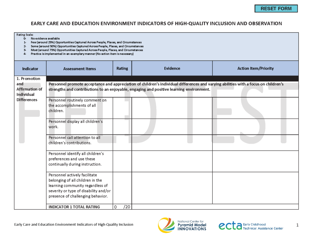 Early Childhood Education Environment (ECEE) Indicators of High Quality Inclusion and Observation Form (Field Test)