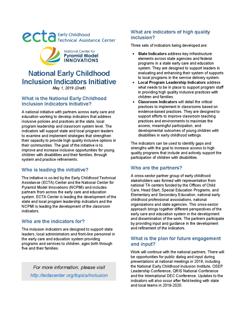 National Early Childhood Inclusion Indicators Initiative Fact Sheet