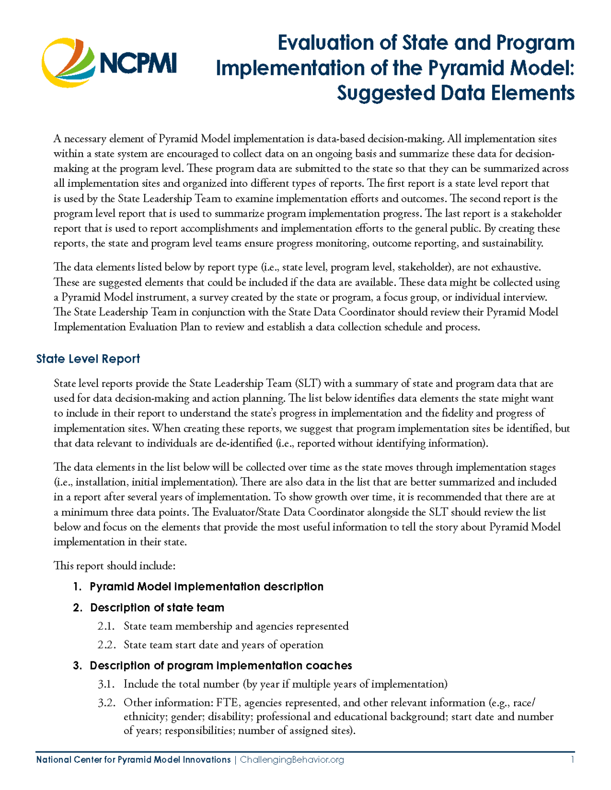 Evaluation Of State And Program Implementation Of The Pyramid Model Suggested Data Elements 