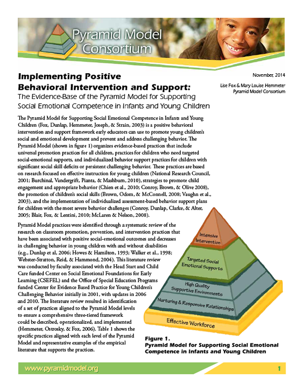 Implementing Positive Behavioral Intervention and Support: The Evidence-Base of the Pyramid Model for Supporting Social-Emotional Competence in Infants and Young Children