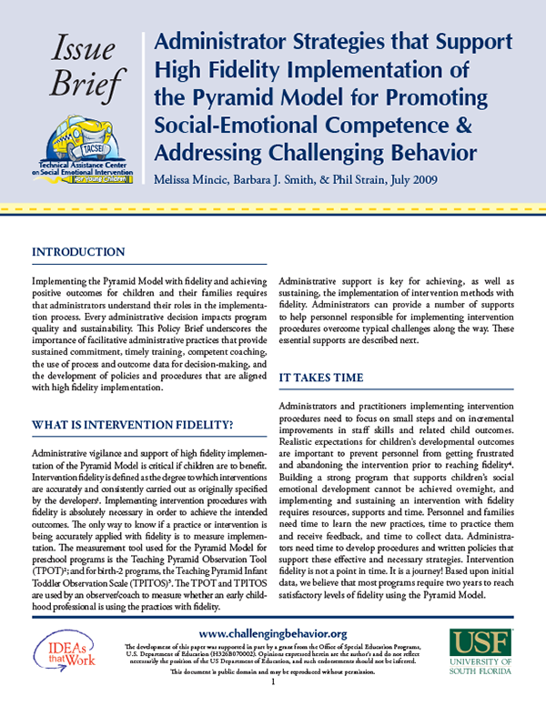 Administrator Strategies that Support High-Fidelity Implementation of the Pyramid Model for Promoting Social-Emotional Competence & Addressing Challenging Behavior