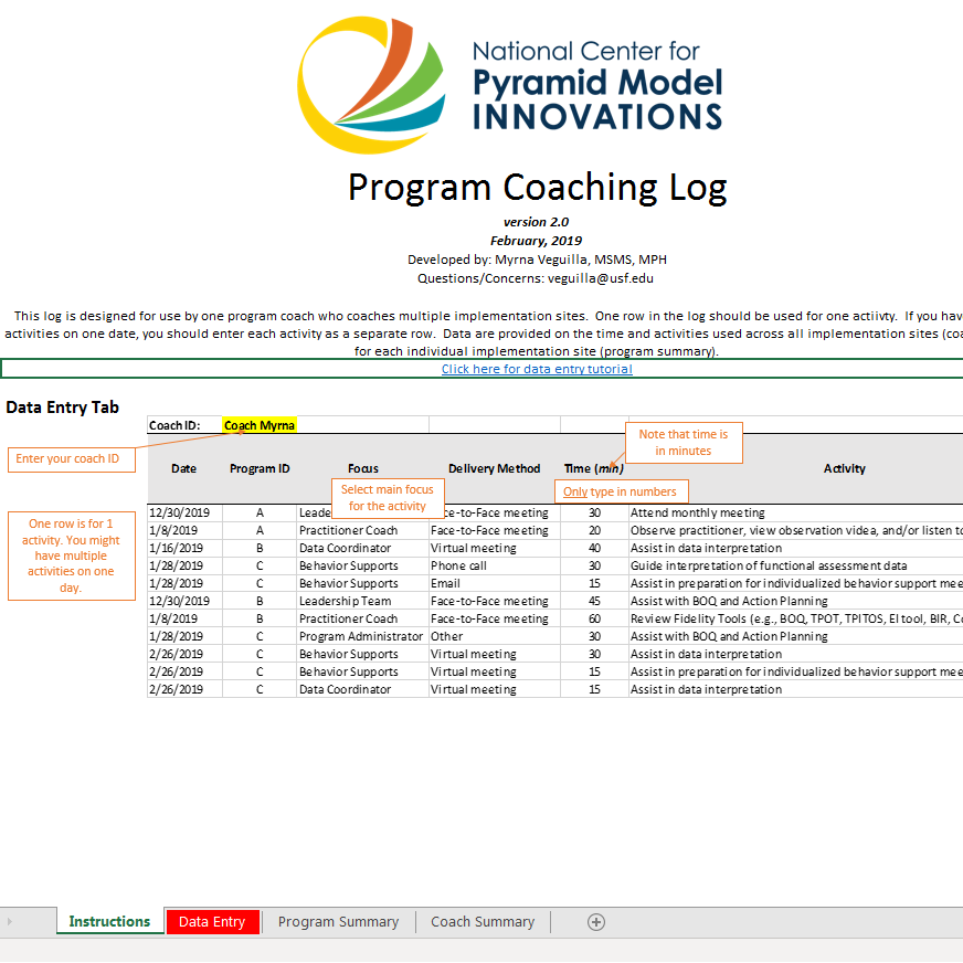 Program Coaching Log (Excel)