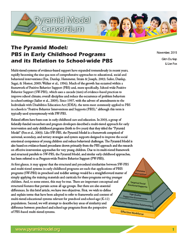 The Pyramid Model: PBS in Early Childhood Programs and its Relation to School-Wide PBS