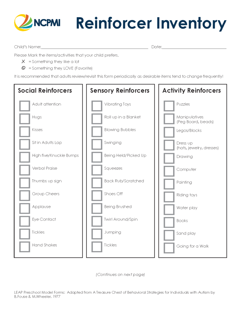 Thumbnail view of the Reinforcer Inventory form