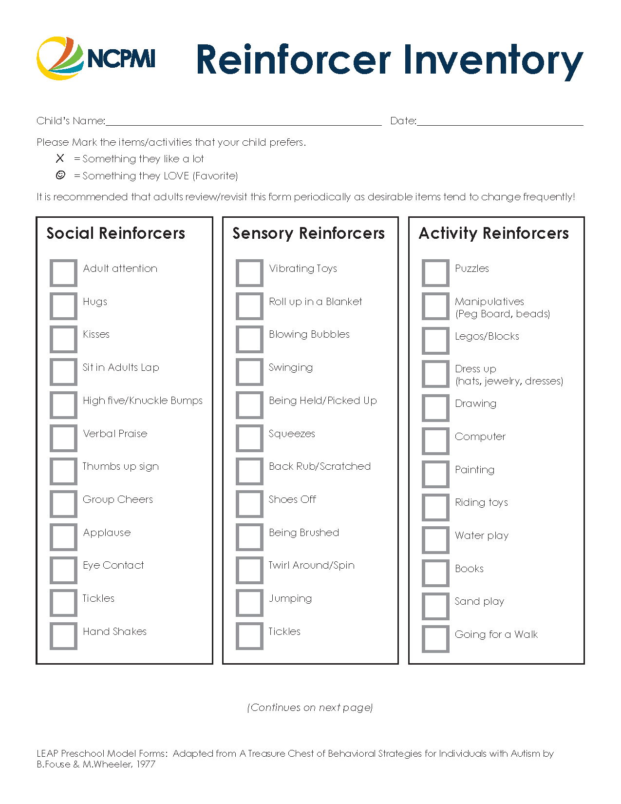 Thumbnail view of the Reinforcer Inventory form