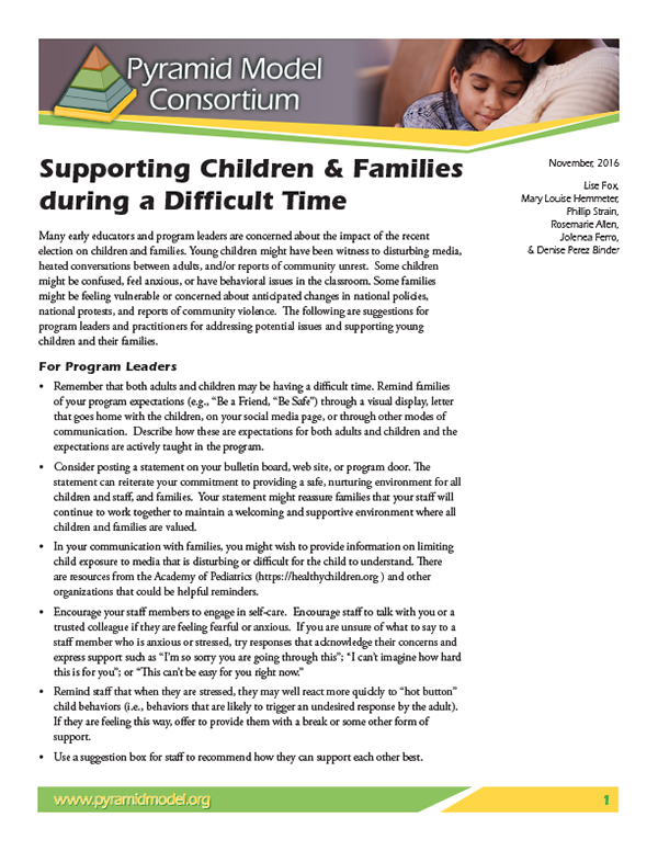 Supporting Children and Families During a Difficult Time