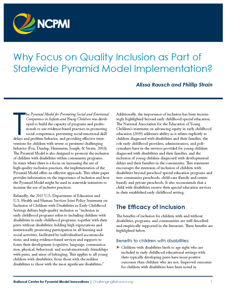 Why Focus on Quality Inclusion as Part of Statewide Pyramid Model Implementation?