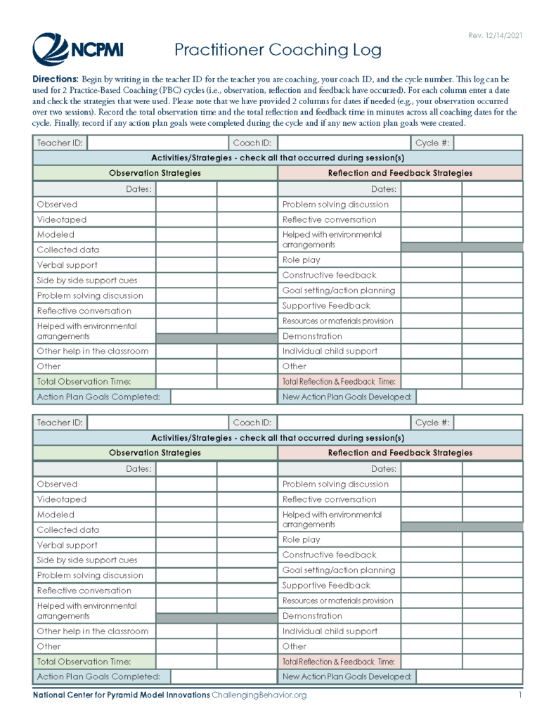 Classroom Coaching Log with Definitions of Classroom Coaching Strategies