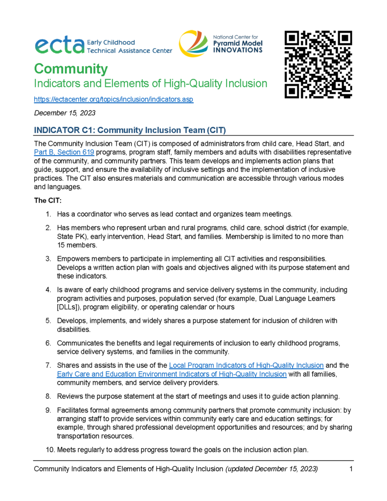 Indicators and Elements of High-Quality Inclusion: Community