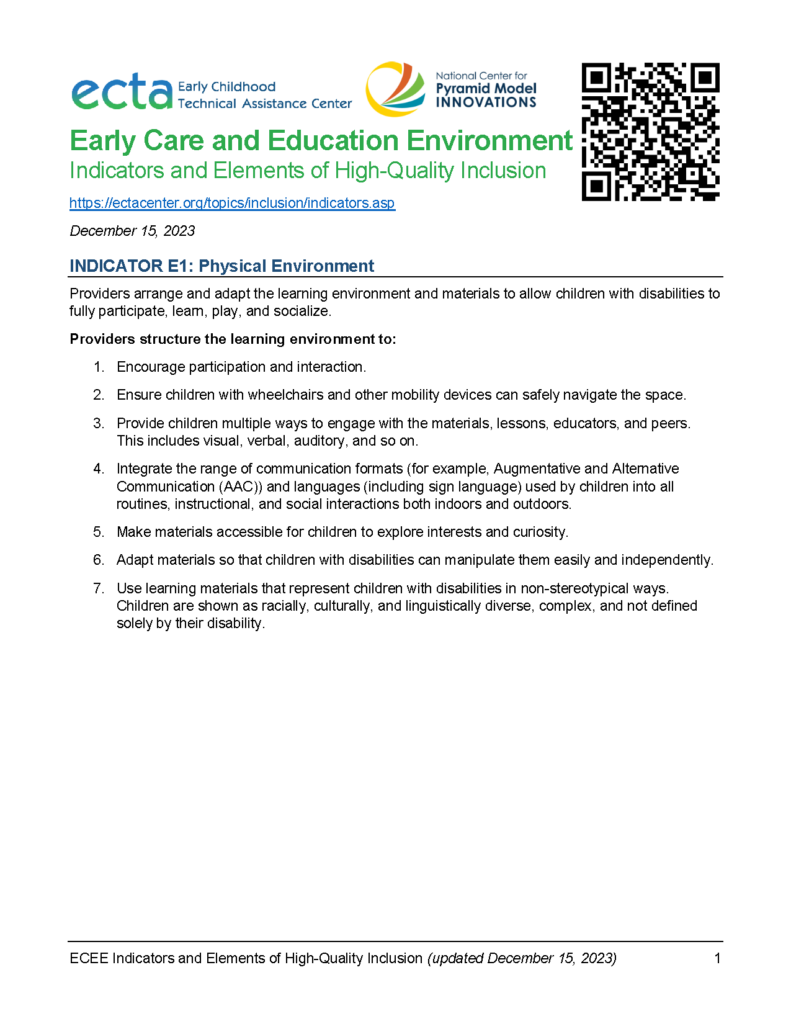 Indicators and Elements of High-Quality Inclusion: Early Care and Education Environment