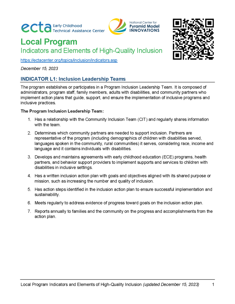 Indicators of High Quality Inclusion: Local Program Level