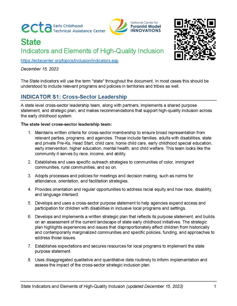 Indicators and Elements of High-Quality Inclusion: State