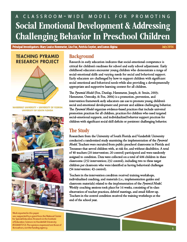 A Classroom-Wide Model for Promoting Social-Emotional Development & Addressing Challenging Behavior In Preschool Children