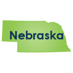 State of Nebraska in green with Nebraska written in navy blue on top