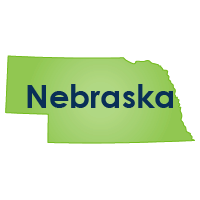 State of Nebraska in green with Nebraska written in navy blue on top