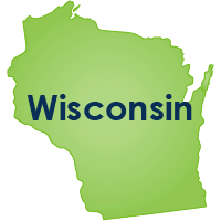 Thumbnail of Wisconsin state map outline in green with the name Wisconsin in the middle in navy blue text