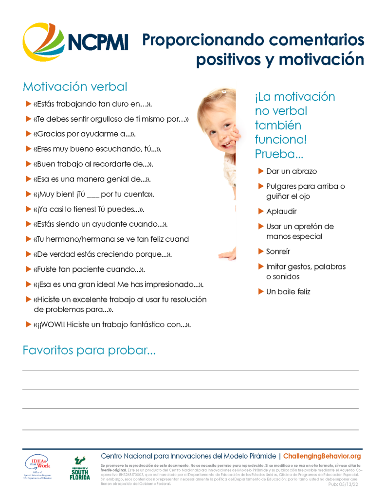 Positive Feedback and Encouragement Tip Sheet Spanish thumbnail