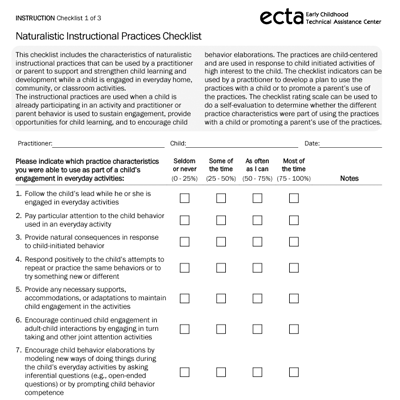 Thumbnail image for ECTA Practice Improvement Tool Naturalistic Instruction Checklist PM-Inclusion