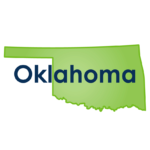State of Oklahoma map in green with the work Oklahoma in front typed in navy blue