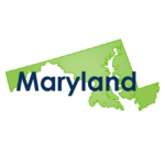 Maryland state image map in green with the state name on top in navy blue.