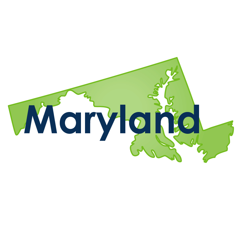 Maryland state image map in green with the state name on top in navy blue.