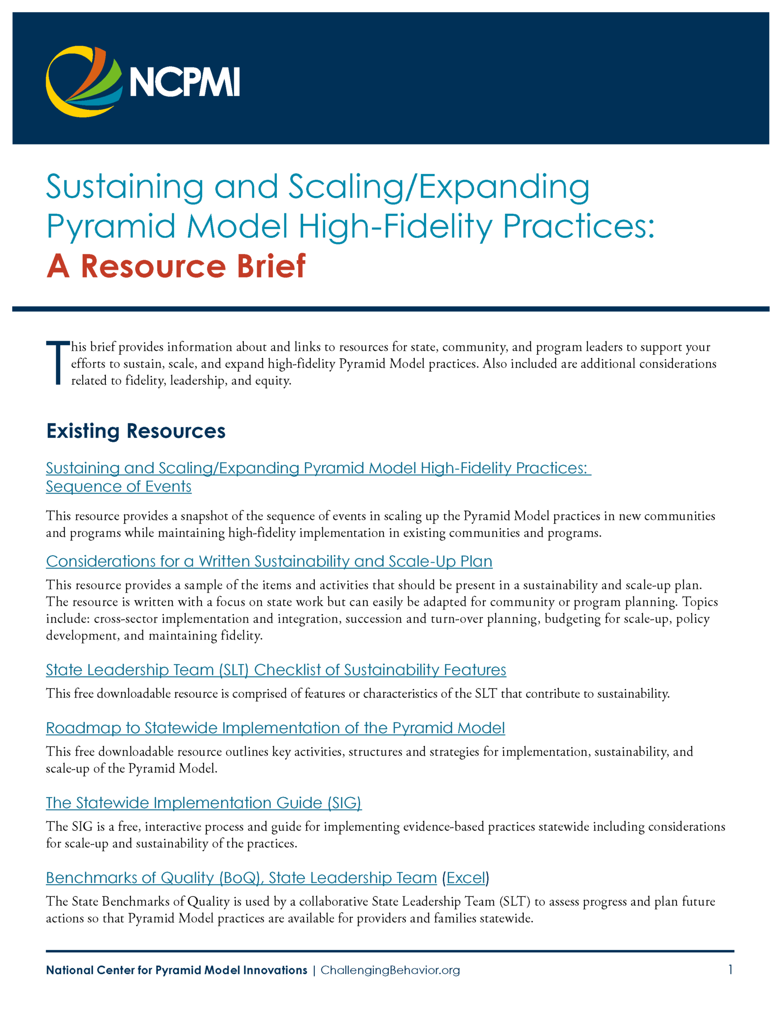 Sustaining And Scalingexpanding Pyramid Model High Fidelity Practices A Resource Brief 