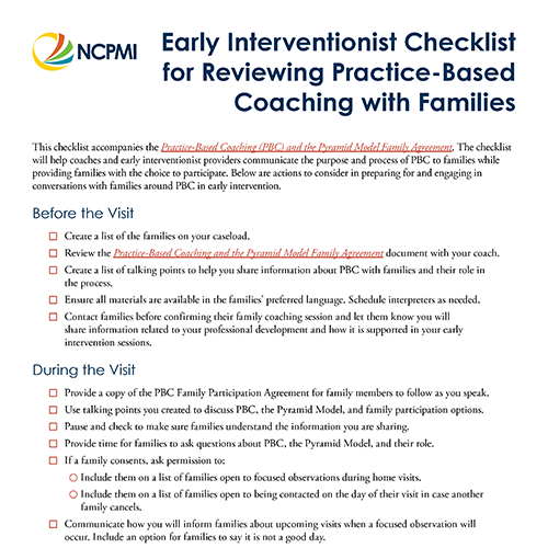 Thumbnail image of page one of the Early Interventionist Checklist for Reviewing Practice-Based Coaching with Families resource