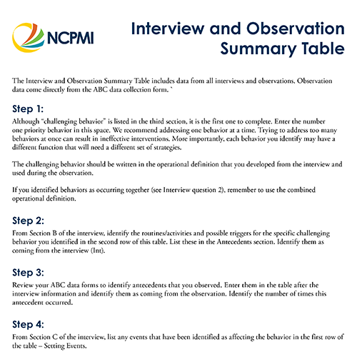 Thumbnail of page 1 of the Interview and Observation Summary Table blank form