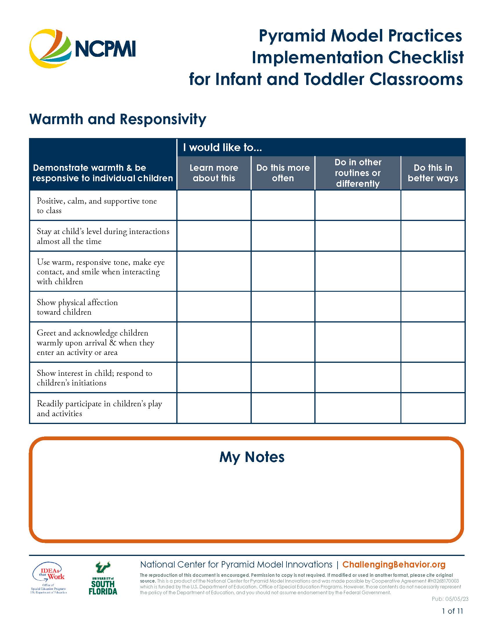 Pyramid Model Practices Implementation Checklist for Infant and Toddler Classrooms