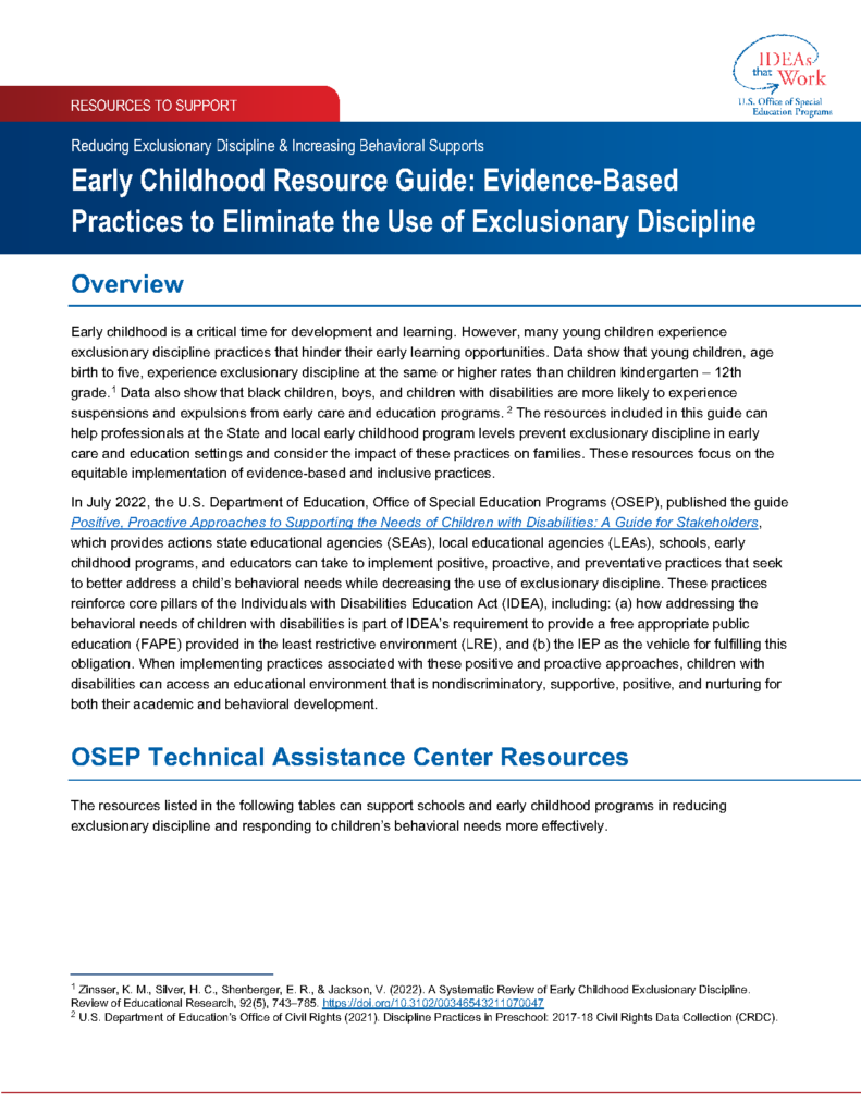 Early Childhood Resource Guide: Evidence-Based Practices to Eliminate the Use of Exclusionary Discipline