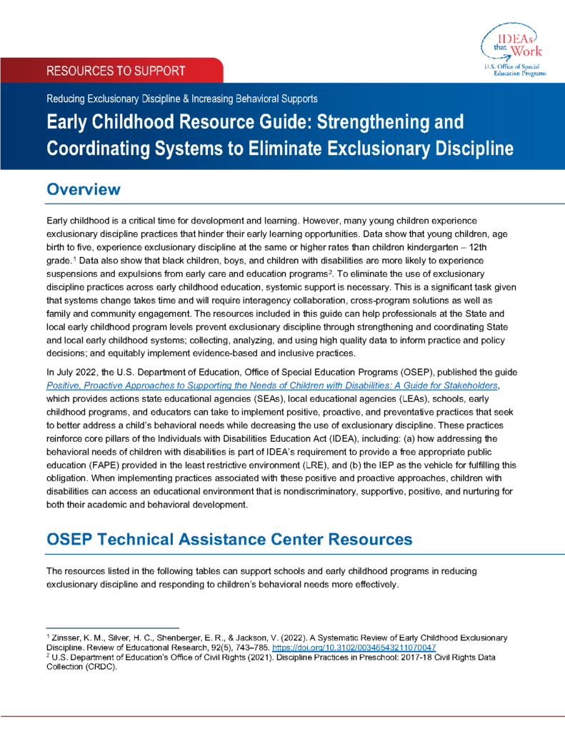 Early Childhood Resource Guide: Strengthening and Coordinating Systems to Eliminate Exclusionary Discipline