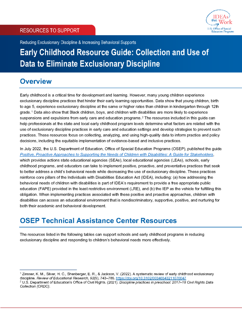 Early Childhood Resource Guide: Collection and Use of Data to Eliminate Exclusionary Discipline