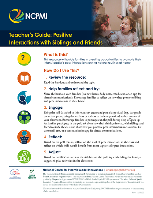 Thumbnail image of page 1 of the Teacher's Guide: Positive Interactions with Siblings and Friends (Ojibwe) tip sheet