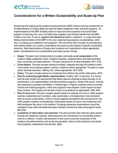 Thumbnail view of page one of the Considerations for a Written Sustainability and Scale-Up Plan