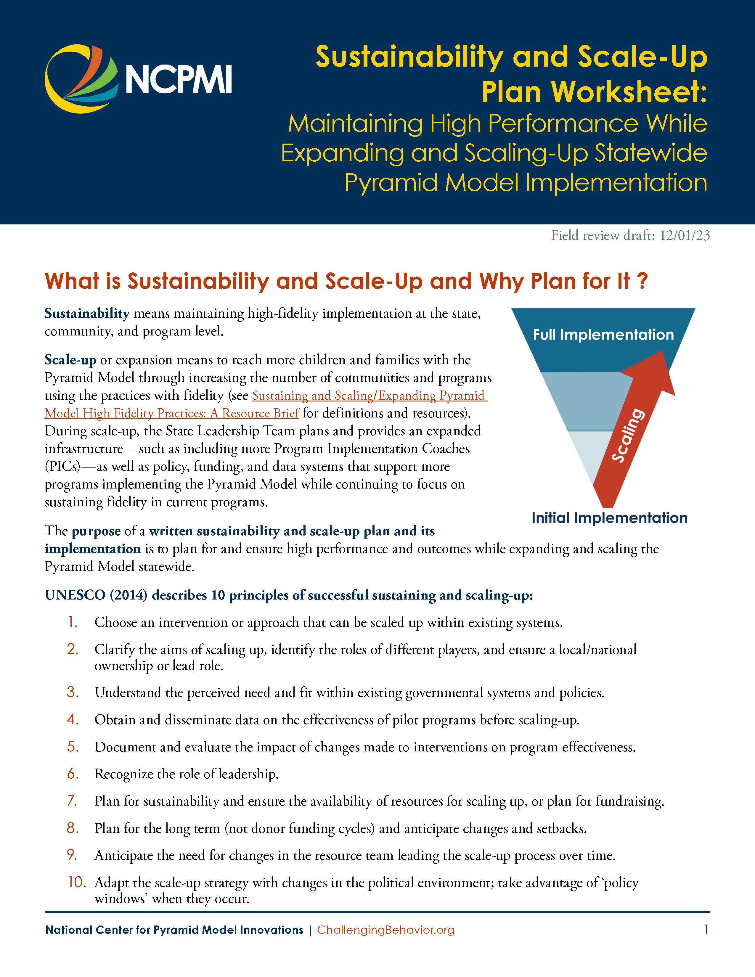 Thumbnail view of page one of the Sustainability and Scale-UP Plan Worksheet