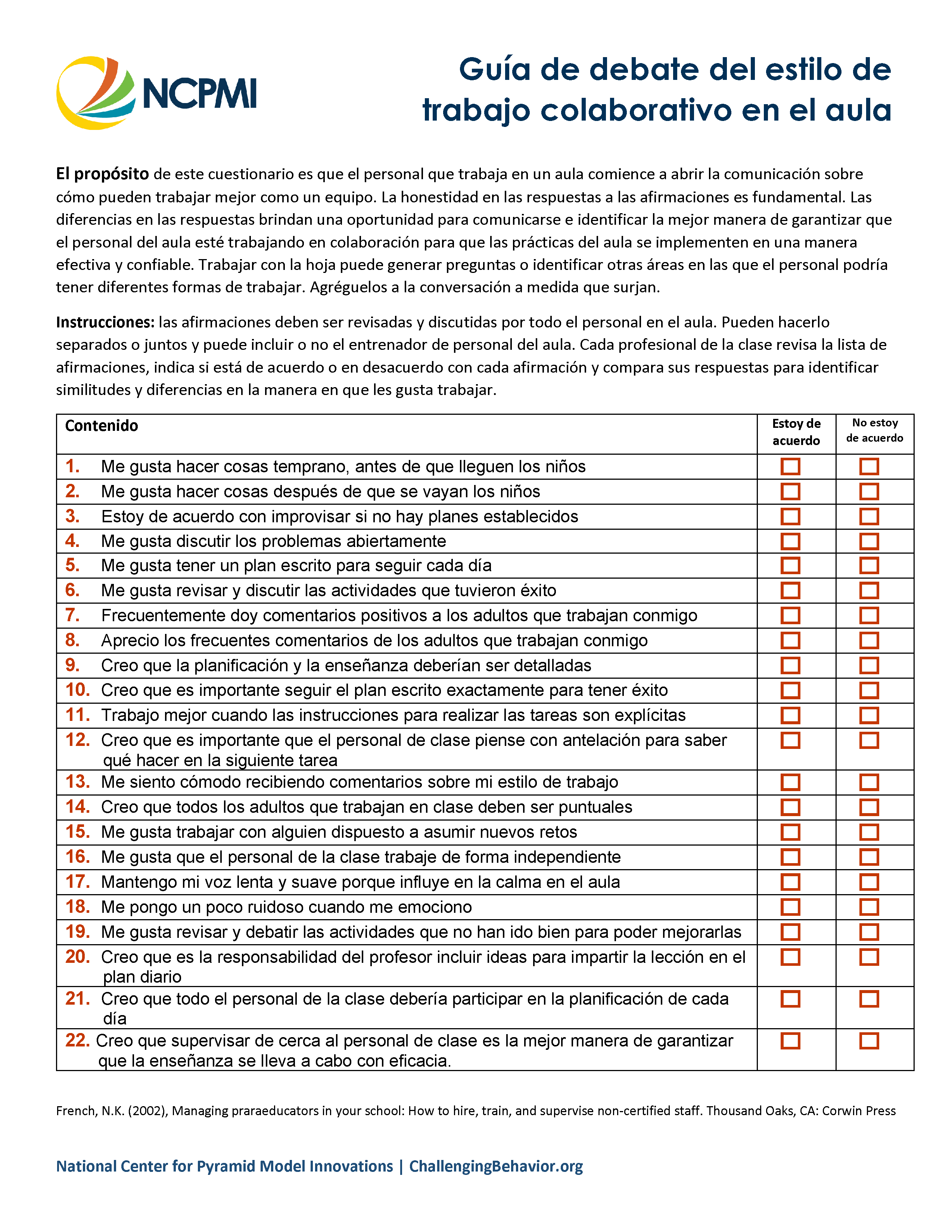 Thumbnail image of page one of the Implementation Tool, Classroom Collaboration Workstyle Discussion Guide (Spanish)