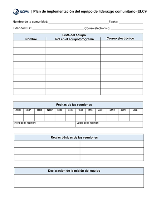 Thumbnail view of the Community Leadership Implementation Plan Form (Spanish) page 1