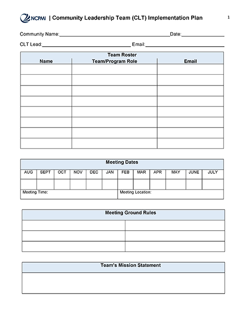 Thumbnail view of the Community Leadership Implementation Plan Form page 1