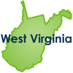 Green colored map of West Virginia with the name in navy blue on top of the map.
