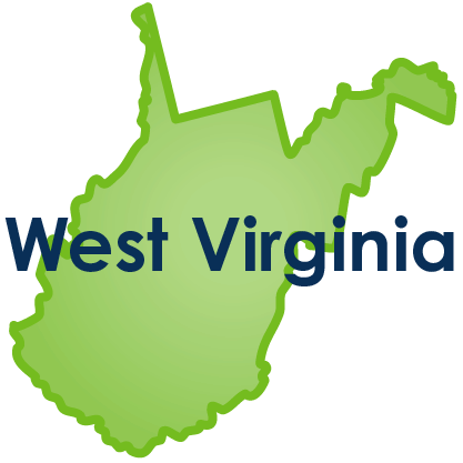 Green colored map of West Virginia with the name in navy blue on top of the map.