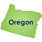 Image of the state of Oregon in green with the name in blue text on top