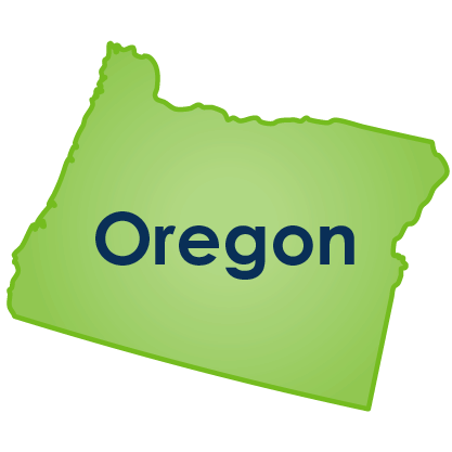 Image of the state of Oregon in green with the name in blue text on top