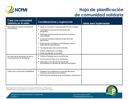 Thumbnail image of the Caring Community Planning Sheet (Spanish)