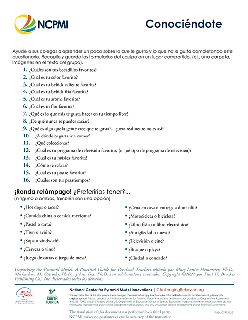 Thumbnail image of the Getting to Know You (Spanish) handout