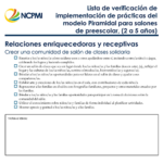 Thumbnail of page one of the Pyramid Mode Practices Implementation Checklist for Preschool (2-5) Classrooms (Spanish)